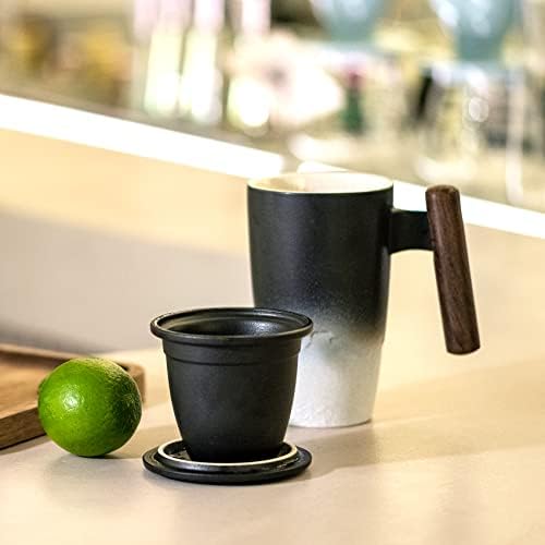 suyika Tomotime Ceramic Tea Cup with Infuser and Lid Tea Mugs Wooden Handle 400ml/13.5oz Black - Image 6