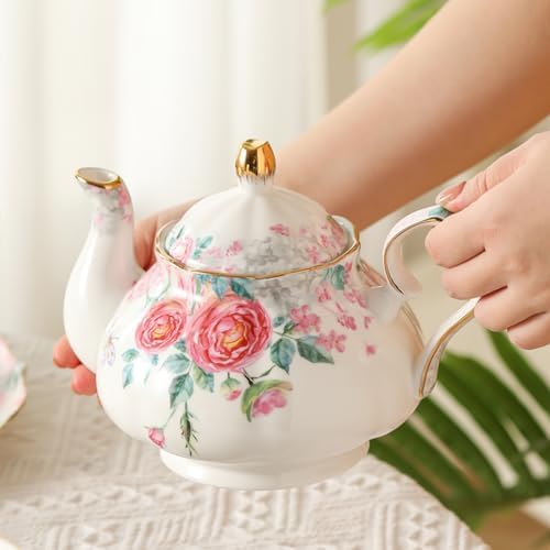 15 Piece British Bone China Tea Cup Sets, Elegant red Rose Pattern, Cups and Saucers Service for 4, with Teapot Sugar Bowl Cream Pitcher Teaspoons for Tea/Coffee, Gifts Set for Adults. - Image 5