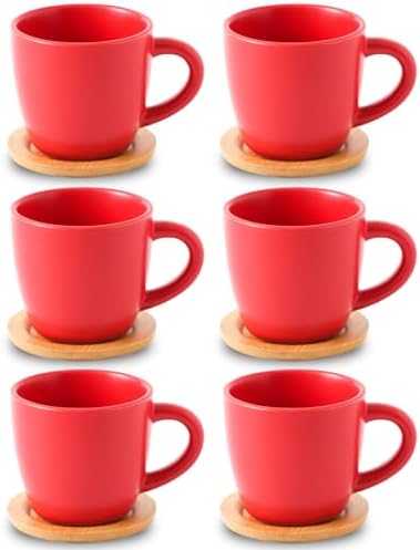 HASENSE Cappuccino Cups with Bamboo Saucers Set of 6, 8 OZ Ceramic Espresso Cups with Handle for Double Shot, Latte, Mocha, Stackable Coffee Cups for Cafes, Home and Office, Red by Hasense