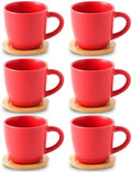 HASENSE Cappuccino Cups with Bamboo Saucers Set of 6, 8 OZ Ceramic Espresso Cups with Handle for Double Shot, Latte, Mocha, Stackable Coffee Cups for Cafes, Home and Office, Red by Hasense