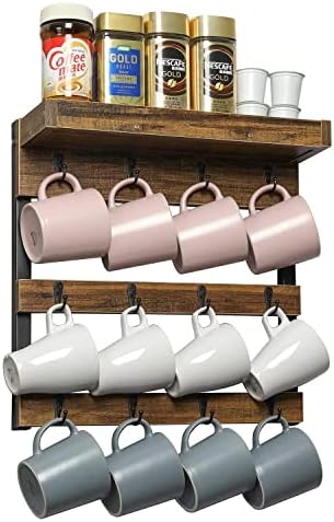 OROPY Coffee Mug Rack Wall Mounted, Rustic Wood Cups Rack, 12 Hooks & Shelf - Image 6