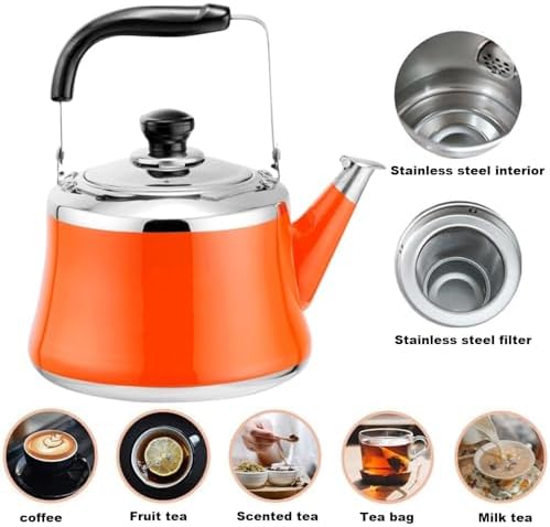 Tea Pot, Tea Kettle Stovetop, Whistling Tea Kettle for Stove Top, Teapot with Tea Strainer Home Restaurant Induction Cooker Tea Infuser(Orange,2L) - Image 3
