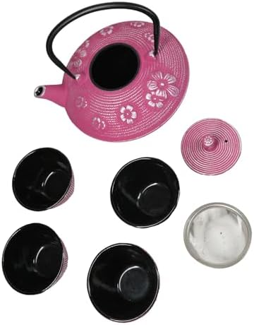 Ebros Gift Oriental Tetsubin Traditional Cast Iron Tea Pot With 4 Cups And Strainer Set 27oz Enameled Interior Home Decor Asian Living Gift And Housewarming (Magenta Ume Plum Floral Blossoms) - Image 3