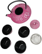Ebros Gift Oriental Tetsubin Traditional Cast Iron Tea Pot With 4 Cups And Strainer Set 27oz Enameled Interior Home Decor Asian Living Gift And Housewarming (Magenta Ume Plum Floral Blossoms) - Image 3