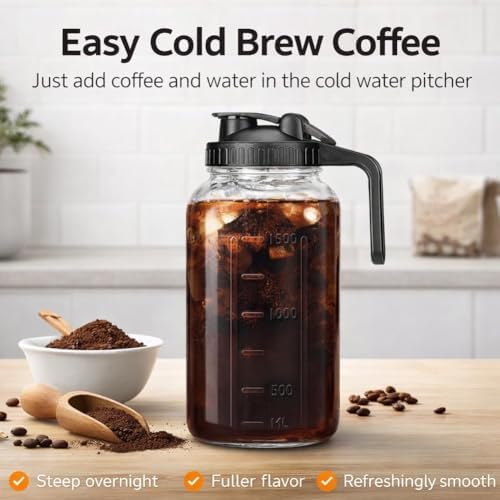 Cold Brew Coffee Maker with Stainless Steel Filter, Pour Spout Handle Lid, LeakProof Heavy Duty Glass Pitcher for Iced Coffee,Lemonade,Ice Tea & Fruit Drinks - Image 3
