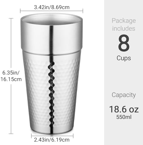 Beasea Stainless Steel Cups 19 oz, 8 Pack Large 18.6oz 550ml Stainless Steel Tumbler Stackable Double Wall Insulated Metal Drinking Glasses for Home Restaurant Office Party Camping - Image 2