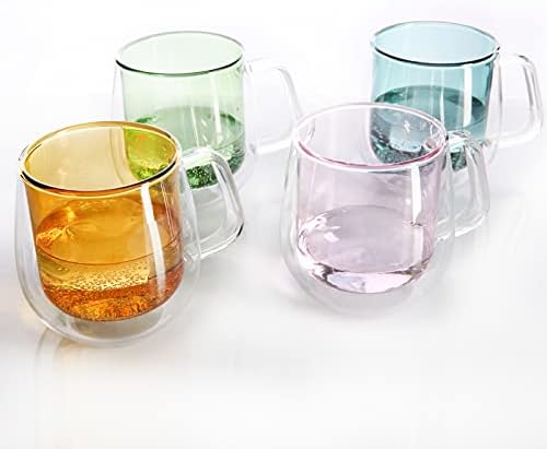 Colorful Borosilicate Double Wall Glass Coffee Mugs Set of 4,11.6 oz. Insulated Coffee Cups Latte Mugs with Handle for Americano and Ice Tea by 1500%C2%B0CTABLETOP
