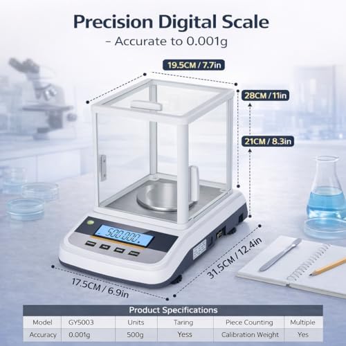 Lab Analytical Balance 500g x 0.001g Precision Digital Scale, with Windshield and RS232 Interface, for Scientific Laboratories, Research, Industrial, Kitchen, Food, Jewelry, 19 Units, 500g Weight - Image 6