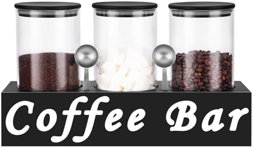 ZOMUIA Glass Coffee Containers Airtight Coffee Bean Storage Jars with Shelf, 3Pcs 44oz Coffee Station Organizer Coffee Canisters, Kitchen Food Storage Jars for Sugar, Candy, Oats, Nuts (BLACK) by ZOMUIA