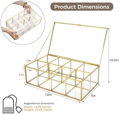 Gold Glass Tea Bag Organizer, Tea Box, Tea Bag Container (8 Compartments) - Image 2