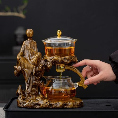 Zurucily Semi Automatic Teapot Set, Glass Teapot Set with Strainer Kungfu Tea Sets (Meditation-brown) - Image 2
