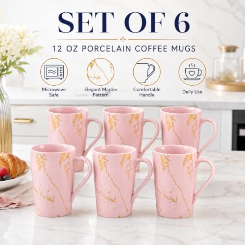 Pink Gold Marble Coffee Mugs Set of 6, 12 oz Porcelain - Image 2