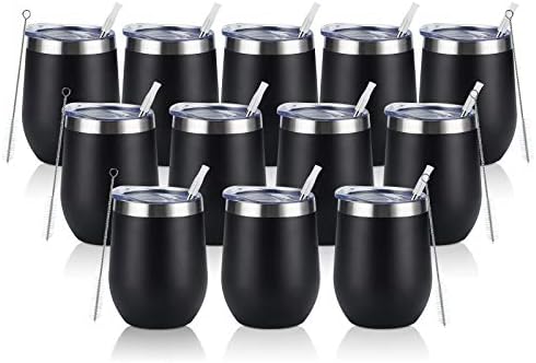 12 Pack Stainless Steel Wine Tumblers, 12Oz Double Wall Vacuum Insulated Wine Tumblers with Lids and Straws, Stainless Steel Stemless Wine Glasses for Coffee, Wine, Cocktails, Champaign, Black by Lifecapido