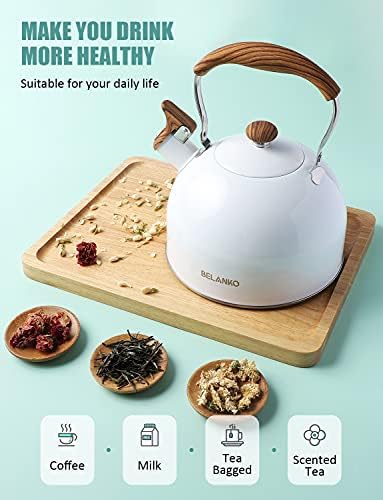 Tea Kettle, BELANKO 85 OZ / 2.5 Liter Whistling Tea Kettle, Tea Pots for Stove Top Food Grade Stainless Steel with Wood Pattern Folding Handle, Loud Whistle Kettle for Tea, Coffee, Milk - Gloss White - Image 2