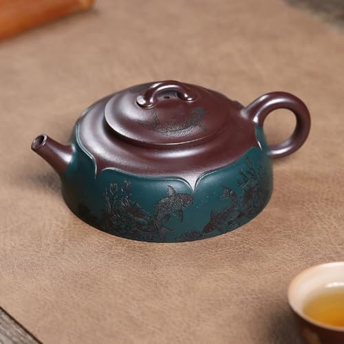 Kettle Teapot Vintage Green Clay Flat Personal Teapot Creatively Depicting Tea Ceremony Tea Infuser Portable Water Teapot - Image 6