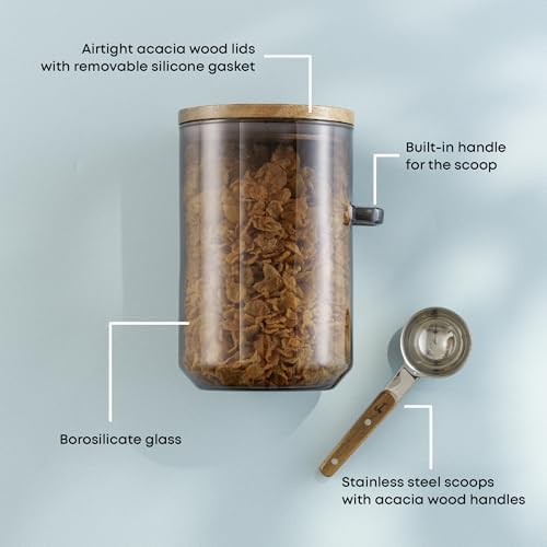 JoyJolt Holden 32oz Stackable Glass Storage Containers with Lids and Scoops, Airtight Food Canister Set of 3 w/Acacia Wood Lids, Round Stacking Pantry and Kitchen Containers w/Scoop | Smoke - Image 4