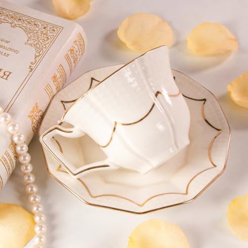 Tea Cups and Saucers Set of 2, 6.4oz Stackable Porcelain Coffee Cup, YFH12 - Image 4