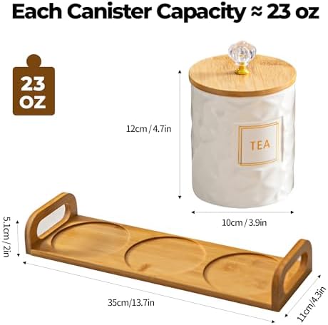 Set of 3 Ceramic Canisters for Sugar Coffee Tea with Tray, White Airtight Food Storage Jars with Wood Lids, Kitchen Counter Storage Containers - 23oz - Image 3
