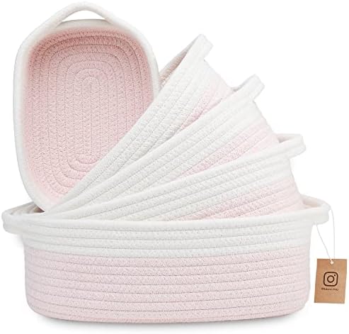 NaturalCozy 5-Piece Rectangle Storage Basket Set- Natural Cotton Rope Woven Baskets for Organizing! Small Basket for Montessori, Baby Nursery, Dog Toy Baskets, Cat Toy Box, Bathroom Organization Bin by NaturalCozy