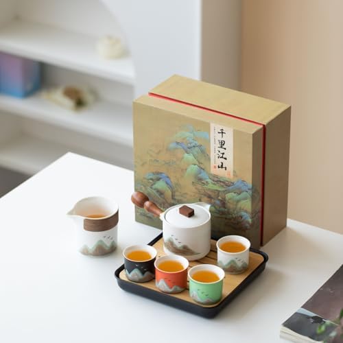 Chinese Tea Set, 7-Piece Ceramic Gongfu Set with Landscape Art, Teapot with Filter, Tea Cups, Serving Tray, Gift Box by simeiton