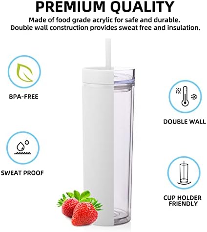 Volhoply 20oz Plastic Skinny Tumblers Bulk 4 Pack,Double Wall Tumbler with Lid and Straw,Reusable Travel Iced Coffee Mug,BPA Free Matte Acrylic Water Cups With Straw for Party,DIY Gifts(White,4 Set) - Image 2
