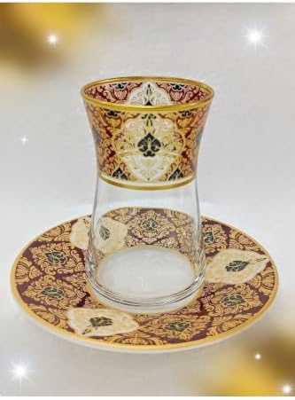 Porcelain Tea Set for 6 Persons with Burgundy Hebeli Design, Glass Cups, 6-Piece Set for refined Tea Parties, Dishwasher Safe for Easy Cleaning, Premium Turkish Craftsmanship - Burgundy Hebeli - Image 6