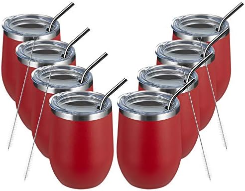 MEWAY 12oz/8 Pack Wine Tumbler Glasses with Lid - Stemless Double Wall Vacuum Stainless Steel Travel Tumbler - Keeping Cold & Hot for Wine,Coffee,Cocktails,Drinks-Family and Gifts (Red,Set of 8) by MEWAY