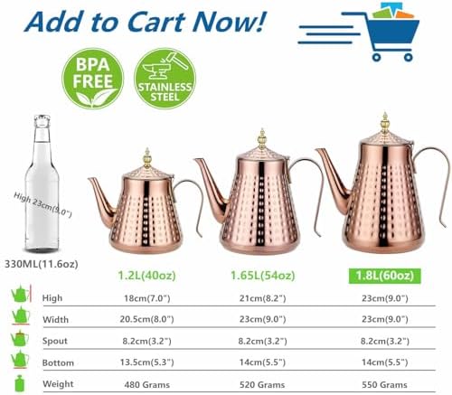 SANQIAHOME 1.8L(60oz) Stainless Steel Hammer Patterned Teapot With Removeable Infuser,Loose leaf cover,Copper - Image 5
