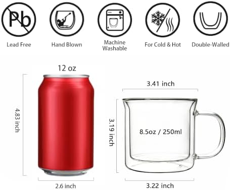 Double Walled Glass Coffee Mugs, 8.5oz Insulated Coffee Cups with Handle, Clear Espresso Mugs, Set of 4 - Image 2