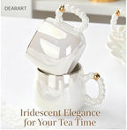 DEARART Luxury Pearl Ceramic Tea Set, 1 Teapot & 6 Cups with Serving Tray, Gold Rim Beaded Handle Porcelain Coffee Tea Service Set, Elegant White Tea Cup Set for Home Kitchen, Afternoon Tea etc - Image 4