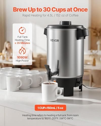 VEVOR Commercial Coffee Urn, 30 Cup 4.5 L Hot Beverage Dispenser with Dripless Faucet, Quick-Brewing Commercial Coffee Maker, Automatic Temperature Control, for Catering, Party, Church & Restaurant - Image 2