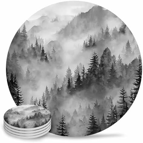 Coaster for Drinks 4 Pack,Watercolor Forest Tree Mountain Absorbent Round Ceramic Stone with Cork Base,Black Gray Natural Scenic Drink Coaster Cup Mats for Home Dining Coffee Tables by ZFUNCING