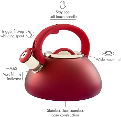 Primula Avalon Whistling Kettle - Whistling Spout, Locking Spout Cover, and Stay-Cool Handle - Stainless Steel - 2.5 Quarts - Matte Red (PAVRE-6225) - Image 2