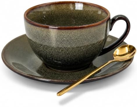 Pilnocok 8oz Reactive Glaze Coffee Cup and Saucer Set, Yellow Star by Pilnocok
