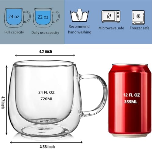 Large Double Walled Glass Coffee Mugs Beer Cups 24oz set of 2, Insulated Clear Borosilicate Glass Tea Lemonade Cups with Handle - Image 7