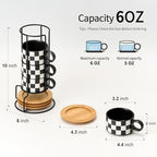 LUKA 6 Ounce Ceramic Stackable Black and White Checkered Espresso Cups with Saucers and Metal Stand Set of 4, Cappuccino Cups Set for Coffee Drinks, Latte, Cafe Mocha and Tea, Black Interior - Image 2