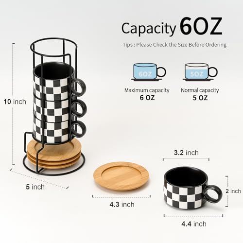 LUKA 6 Ounce Ceramic Stackable Black and White Checkered Espresso Cups with Saucers and Metal Stand Set of 4, Cappuccino Cups Set for Coffee Drinks, Latte, Cafe Mocha and Tea, Black Interior - Image 2