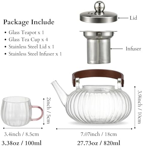 Glass Tea Pot with Infuser and Lid, Tea Pot Sets for Loose Teas Leaves, Clear Teapot(28oz) with Four Teacups(4oz), Glass Herbal Teapot for Stovetop, Adults, Microwave Dishwasher Safe(Pink) - Image 3