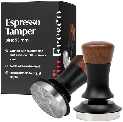 Espresso Tamper for 54mm Portafilter – Adjustable Depth Spring Loaded Tamper for Consistent Tamping – Barista Coffee Press Tool with Stainless Steel Base – Black & Walnut by VinFresco