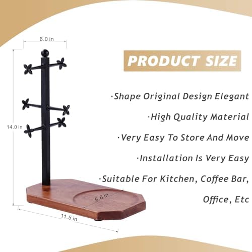 Mug Tree for Large Mugs With 6 Hooks and Coffee Pot Tray - Multi-Function Stand for Counter, Bar Accessory & Kitchen Organizer - Image 5