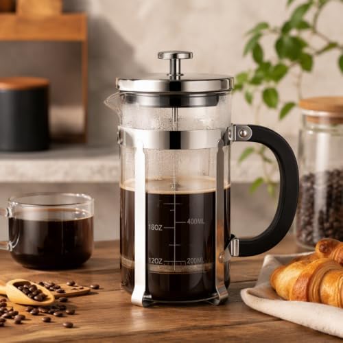 French Press Coffee Maker 304 Stainless Steel Double Mesh Filter, Borosilicate Glass French Press-34oz silver - Image 4
