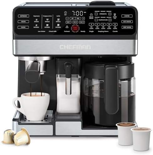 Chefman Coffee Maker Espresso Machine Combo, 8-in-1 Coffee Station with Automatic Milk Frother for Lattes, Cappuccinos, Macchiatos, 20-Bar Pump, 12-Cup Carafe & 3L Water Tank - Black by Chefman