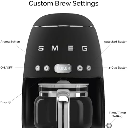 Smeg 50's Retro Style Aesthetic Drip Coffee Machine with 10 Cup Glass Carafe, Auto Start Feature, Keep Warm Plate, and Two Coffee Strength Settings (Matte Black) - Image 4