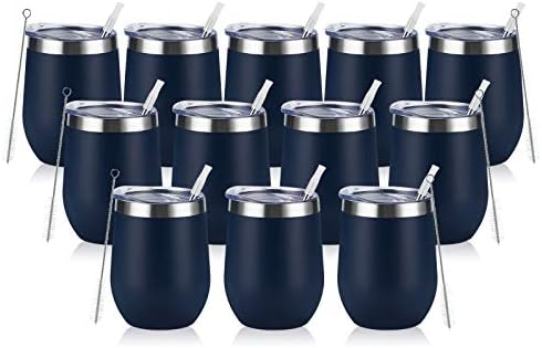 12 Pack Stainless Steel Wine Tumblers, 12Oz Double Wall Vacuum Insulated Wine Tumblers with Lids and Straws, Stainless Steel Stemless Wine Glasses for Coffee, Wine, Cocktails, Champaign, Navy Blue… by Lifecapido
