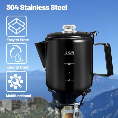 12 Cup Percolator 304 Stainless Steel Coffee Pot Coffee Maker Coffee Machine with Solid Wood Handle Transparent Knob Stovetop Greca Mocha for Induction Home and Camping 2200ml 74.4oz - Image 4