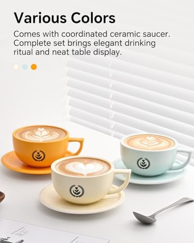 Ceramic Latte Art Cup with Saucer Set - 10oz Thickened Rim Cappuccino Cup for Perfect Crema, Anti-Slip Base & Matte Glaze, Espresso Coffee Mug for Home Barista & Kitchen, Creamy Yellow - Image 7