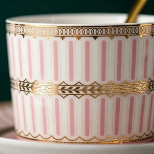 8.45oz European Ceramic Coffee Cup & Saucer Set of 2 with Handle & Gold Spoons, Stripe with Gold Accents, for Latte, Tea, Cappuccino, Gift Boxed for Tea Party, Housewarming Gift (two pink) - Image 7