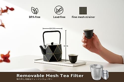 Toptier Cast Iron Teapot, Stovetop Safe Japanese Cast Iron Tea Kettle, Diamond Design Tea Pot with Removable Infuser for Loose Tea, 40 Ounce (1200 ml), Black - Image 4