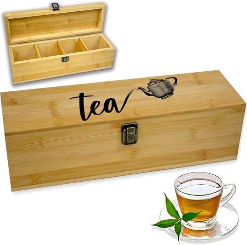 Tea Organizer Box Food Safe Bamboo Wood Chemical Free Big, Tall, Adjustable Cubbies Natural Storage Chest (4-Slot Across 14.3" x 4.4" x 4.2" with Tea Cup design) by ZenEarthInspired