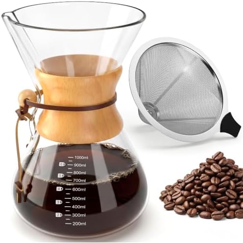 Pour Over Coffee Maker 34oz (1000ml), Borosilicate Glass Carafe with Wooden Handle & Round Body by OAKJAR